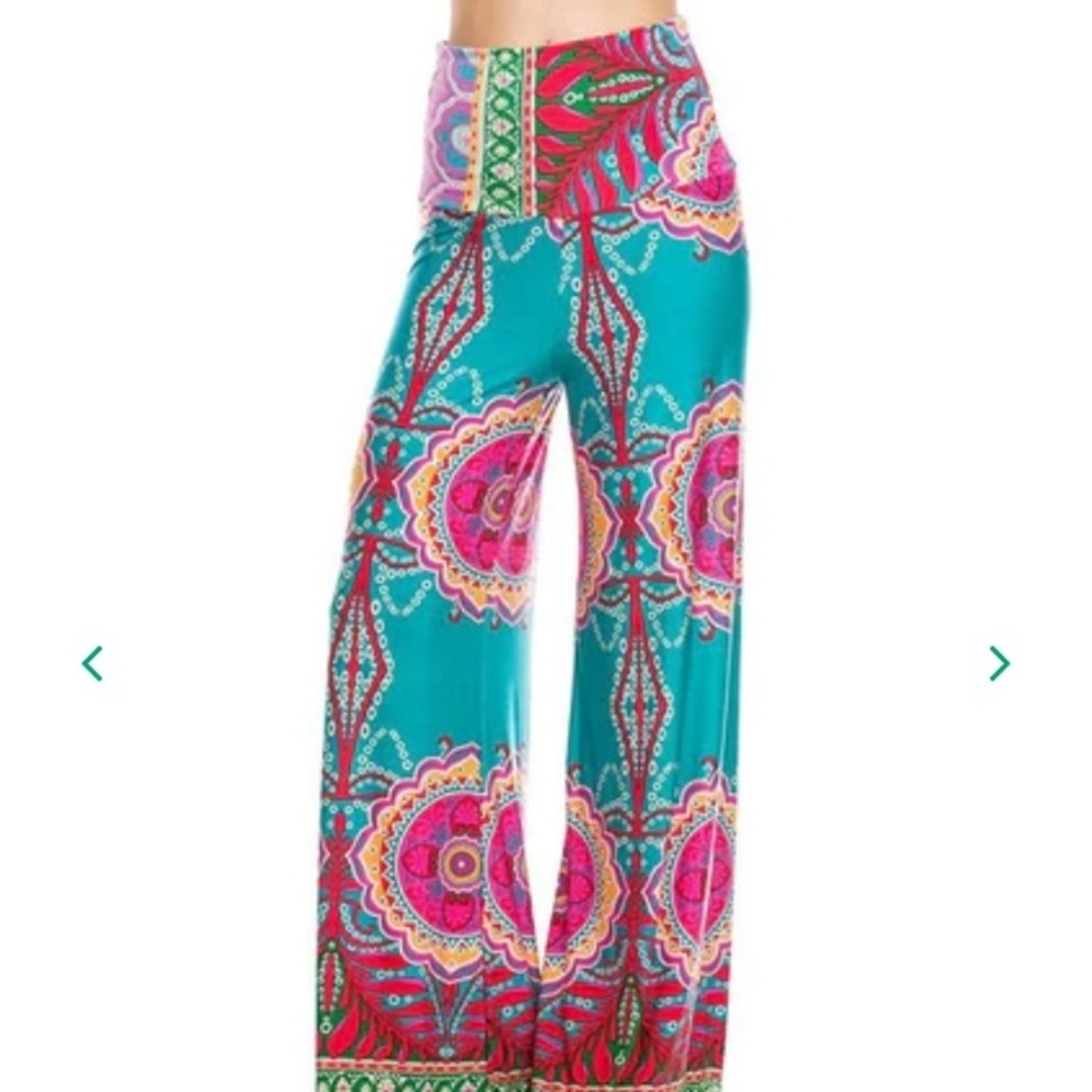 Yetts Palazzo Colorful Bohemian Wide Leg Foldover Pants, Size Medium